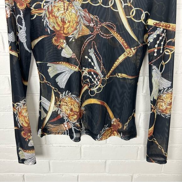 SHEIN Printed Mock Neck Mesh Sheer Long Sleeve Top Size XS - Picture 3 of 6